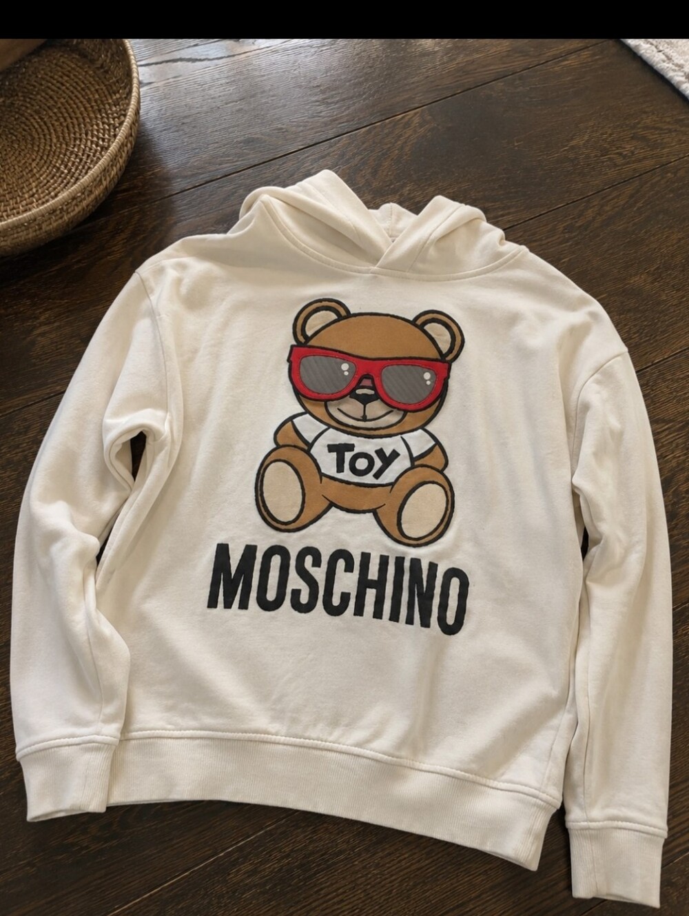 Moschino Cream Hoodie with Toy Bear and Red Sunglasses